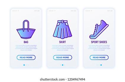 Clothing thin line icons set: shirt, sport shoes, skirt. Modern vector illustration.