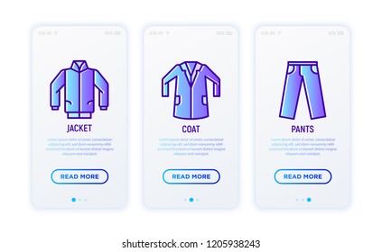 Clothing thin line icons set: jacket, coat, pants. Modern vector illustration.