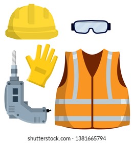 Clothing and tools the worker and the Builder. Orange uniform, gloves, drill, goggles and helmet. industrial safety. Kit items and objects. Type of profession. Cartoon flat illustration