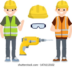 Clothing and tools of worker and Builder. Orange uniform, gloves, drill, goggles and helmet. industrial safety. Kit items and objects. Type of profession. Cartoon flat illustration