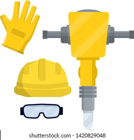 Clothing and tools the worker and the Builder. Yellow uniform, gloves, jackhammer, goggles and helmet. industrial safety. Type of profession. Cartoon flat illustration. Kit items and objects