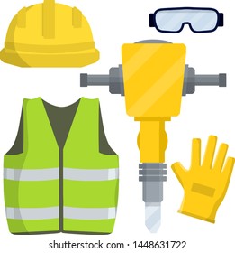 Bekleidung und Werkzeuge Arbeiter und der Builder. Gelbe Uniform, Handschuhe, Jackhammer, Schutzbrille, grüne Weste und Helm. industrielle Sicherheit. Art des Berufs. Cartoon-Flachbild-Illustration. Artikel des Kits und Objekte