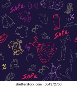 Clothing; trousers, skirts, hats, shoes, dresses, sunglasses, jewelry for sale in gray, purple, violet and dark blue a seamless pattern on a dark blue background.