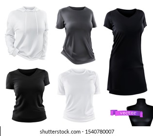 Clothing. T-shirts, hoodie, dress mockup. Miscellaneous 3d realistic vector objects