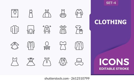 Clothing vector line icon set. Included clothes, suit, cloth, textile and more. Dress modern icon set. Minimal linear icons. Editable stroke. Vector illustration.