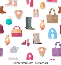 Clothing vector seamless pattern. Flat style illustration. Boots, gloves, bags, hats, scarfs, bandanas, shoes, illustrations on white background. For goods wrapping paper, stores ad, prints design