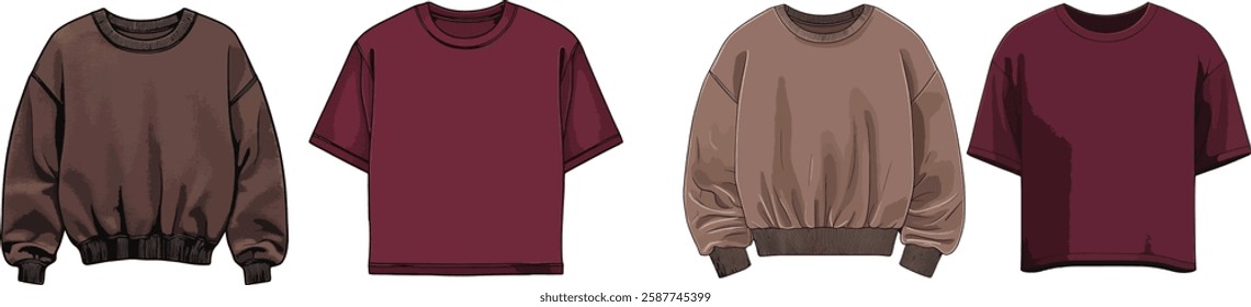 Clothing Vector Set: Brown and Burgundy T-Shirts and Sweatshirts on White Background.