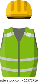 Clothing of worker and the Builder. Green uniform and helmet. industrial safety. Type of profession. Cartoon flat illustration