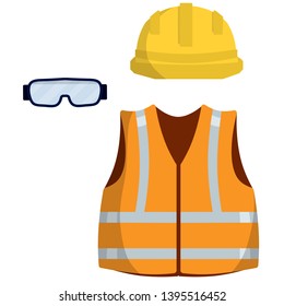 Clothing of worker and the Builder. Orange uniform, goggles and helmet. industrial safety. Kit items and objects. Type of profession. Cartoon flat illustration