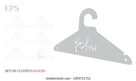 Cloths Hanger Template, Fashion Cloths Hanger. Vector with die cut / laser cut layers. White, clear, blank, isolated Cloths Hanger mock up on white background with perspective view