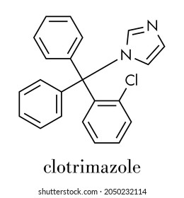 Clotrimazole Antifungal Drug Molecule. Used In Treatment Of Athlete's Foot, Ringworm, Vaginal Yeast Infection, Oral Thrush, Etc. Skeletal Formula.