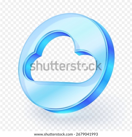 Cloud 3d icon light blue clear glass. Glossy design symbolizes cloud computing and data storage, Ideal for technology, networking, and digital service concepts in modern web and app interfaces.