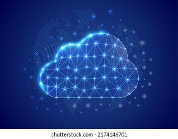 Cloud 3d low poly symbol with blue world map background. Download concept design vector illustration. Big data polygonal symbol with connected dots