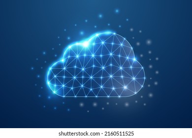 Símbolo de nube 3d con estilo de poli azul bajo. Tecnología de Internet, base de datos, diseño de descarga ilustración vectorial. Marco de cables poligonal de datos grandes.