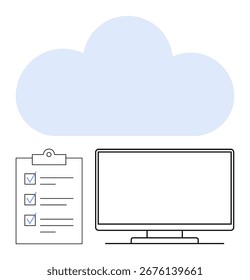 Cloud above monitor and checklist with checkmarks representing cloud computing applications. Ideal for data security, online storage, digital workflows, business planning, IT management, technology