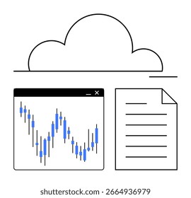 Nube sobre el gráfico de acciones en la ventana y documento con líneas. Ideal para finanzas, tecnología, negocios, almacenamiento digital, análisis de datos, operaciones bursátiles e informes. Metáfora de línea