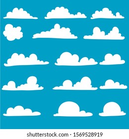 Cloud. Abstract white cloudy set isolated on blue background. Vector illustration.with hand drawn doodle style