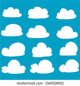 Cloud. Abstract white cloudy set isolated on blue background. Vector illustration.with hand drawn doodle style