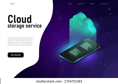 Cloud access to data, cloud storage system, isometric illustration concept with isometric cloud and 3d realistic smartphone.