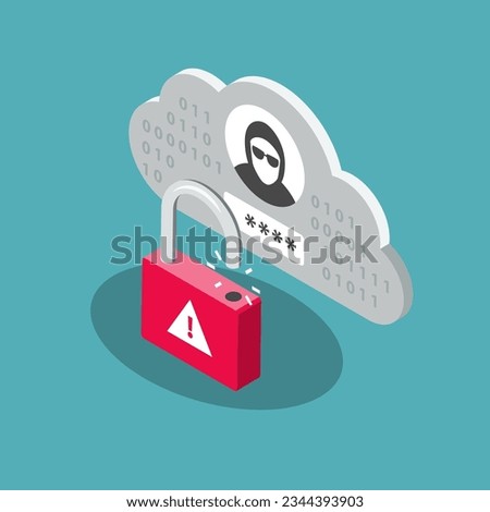 Cloud account hijacking symbol with an unlocked padlock and a stolen user account. Flat design, easy to use for your website or presentation.