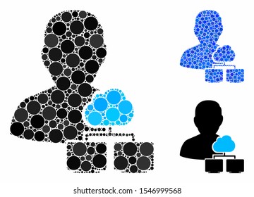 Cloud administrator mosaic of round dots in different sizes and color hues, based on cloud administrator icon. Vector round elements are combined into blue illustration.