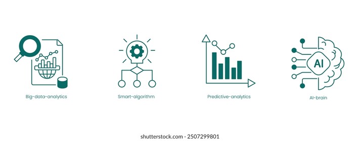 Vektorsymbole für Cloud- und AI-Analytik: Big Data, Smart Algorithm, Predictive Analytics, KI Brain