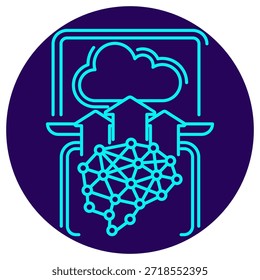 Cloud-KI-Bereitstellungssymbol. Minimalistische Neonkontur auf dunkelblauem, rundem Hintergrund. Eine stilvolle Vektorgrafik eines neuronalen AI-Netzwerks, das von einem Laptop stammt, mit drei Aufwärtspfeilen, die die Übertragung oder Bereitstellung in eine Cloud-Umgebung anzeigen, die AI als Service (AIaaS), Modellserver und skalierbare Inferenz symbolisieren