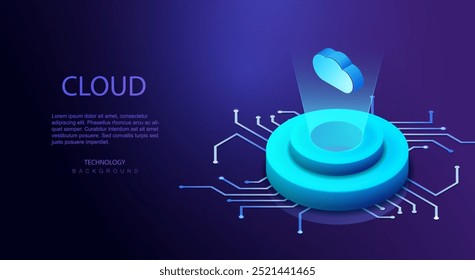 Tecnologia de IA em nuvem. Banco de dados em nuvem para transmissão de dados em plano de fundo isométrico. Baixando aplicativo de nuvem. Segurança de Big Data. Centro de estação de energia futurista no circuito. Sistema de computação de dados.