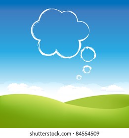 Cloud In Air Over Grass Field, Vector Illustration