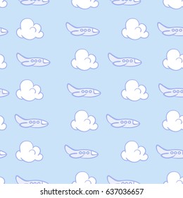 Cloud and airplane seamless pattern. Travel vector background