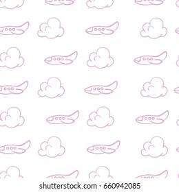 Cloud and airplane seamless pattern. Travel vector background