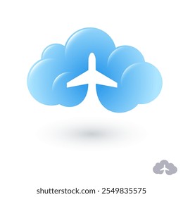 Cloud with airplane silhouette. Application icon. Web icon. Emblem for airline tickets, travel, web application, online booking.