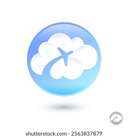 Cloud with airplane silhouette into  circle. Application icon. Web icon.