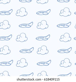 Cloud and airplanes seamless pattern. Travel vector background