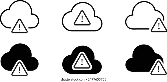Cloud alert icon, cloud failure icon. Minimal cloud shape with exclamation mark. Disconnect, error or broken communication with database concept. Cloud computing