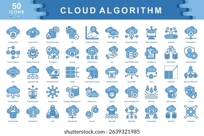 The Cloud Algorithm blue icon set showcases core technologies of modern cloud architecture ideal for illustrating data infrastructure, scalability, security layers, and advanced computing strategies.