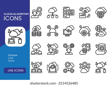 Conjunto de colecciones de iconos de algoritmo de nube. Contiene computación de borde, virtualización, escalabilidad, elasticidad, icono de implementación. Vector de línea simple.