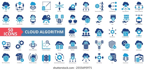 Cloud algorithm icon collection set. Containing edge computing, virtualization, scalability, elasticity, deployment icon. Simple flat vector.