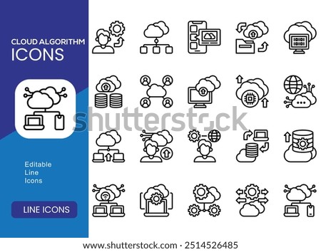 Cloud algorithm icon collection set. Containing edge computing, virtualization, scalability, elasticity, deployment icon. Simple line vector.