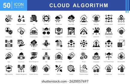 Cloud Algorithm icon set featuring icons for cloud computing, security, scalability, AI, and data management. Ideal for IT, DevOps, and digital infrastructure projects.