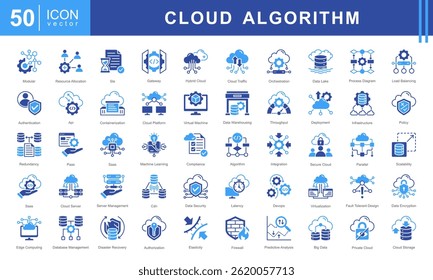 Cloud Algorithm icon set featuring icons for cloud computing, security, scalability, AI, and data management. Ideal for IT, DevOps, and digital infrastructure projects.