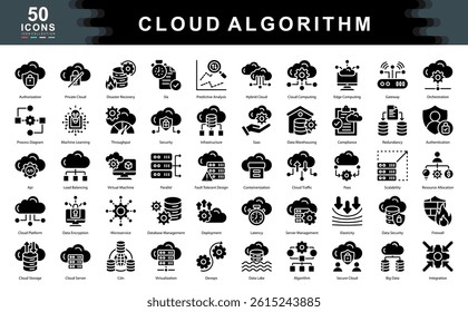 The Cloud Algorithm icon set showcases core technologies of modern cloud architecture ideal for illustrating data infrastructure, scalability, security layers, and advanced computing strategies.