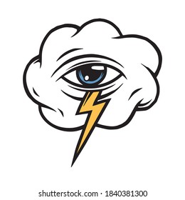 Cloud with all seeing eye and lightning in vintage style isolated vector illustration
