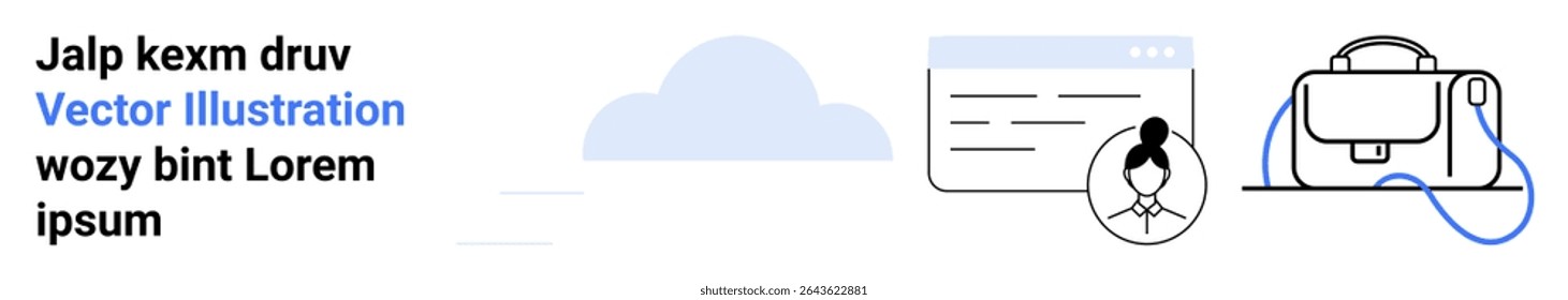 Cloud amidst webpage with user icon and backpack. Ideal for presentations, websites, educational materials, marketing campaigns, business development, travel content, creative projects. Landing page