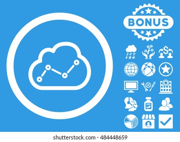 Cloud Analytics icon with bonus pictogram. Vector illustration style is flat iconic symbols, white color, blue background.