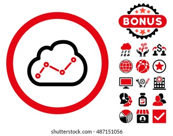 Cloud Analytics icon with bonus pictures. Vector illustration style is flat iconic bicolor symbols, intensive red and black colors, white background.