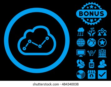 Cloud Analytics icon with bonus symbols. Vector illustration style is flat iconic symbols, blue color, black background.