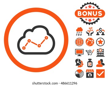 Cloud Analytics icon with bonus symbols. Vector illustration style is flat iconic bicolor symbols, orange and gray colors, white background.