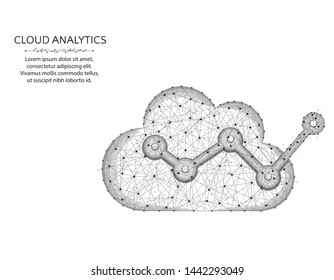 Cloud analytics poly design, data analysis abstract geometric image, evaluating forecast performance wireframe mesh polygonal vector illustration made from points and lines on white background