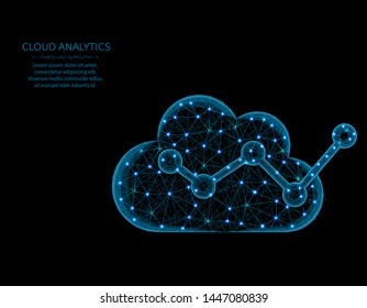 Cloud analytics poly design, data analysis abstract geometric image, evaluating forecast performance wireframe mesh polygonal vector illustration made from points and lines on black background